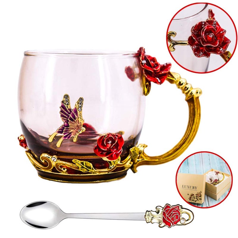 Luka Tech Enamel Butterfly flower Lead-free Glass Coffee Mugs Tea Cup with Steel Spoon, personalised Gifts For Women Wife Mom Girl Teacher Friends Birthday Mothers Valentines Day Wedding (Rose) - Image 4